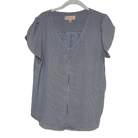 Philosophy Striped V-Neck Short Sleeve Blouse Size Medium Flutter Sleeves - Picture 9 of 9